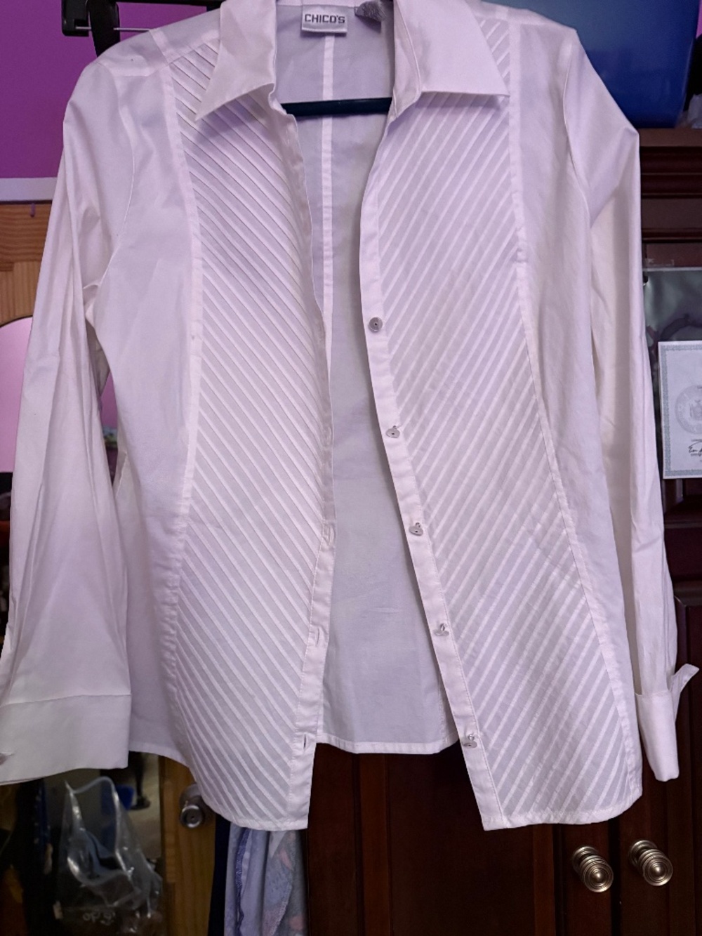Chico's White Tuxedo Cotton Stretch size 2 Double French Cuffs